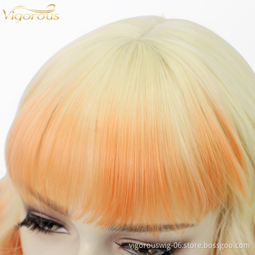 Bob Natural Wave Wig Ombre Blonde Red Hair with Bangs Synthetic Short Wig for Women Heat Resistant Fiber Hair 16 inches